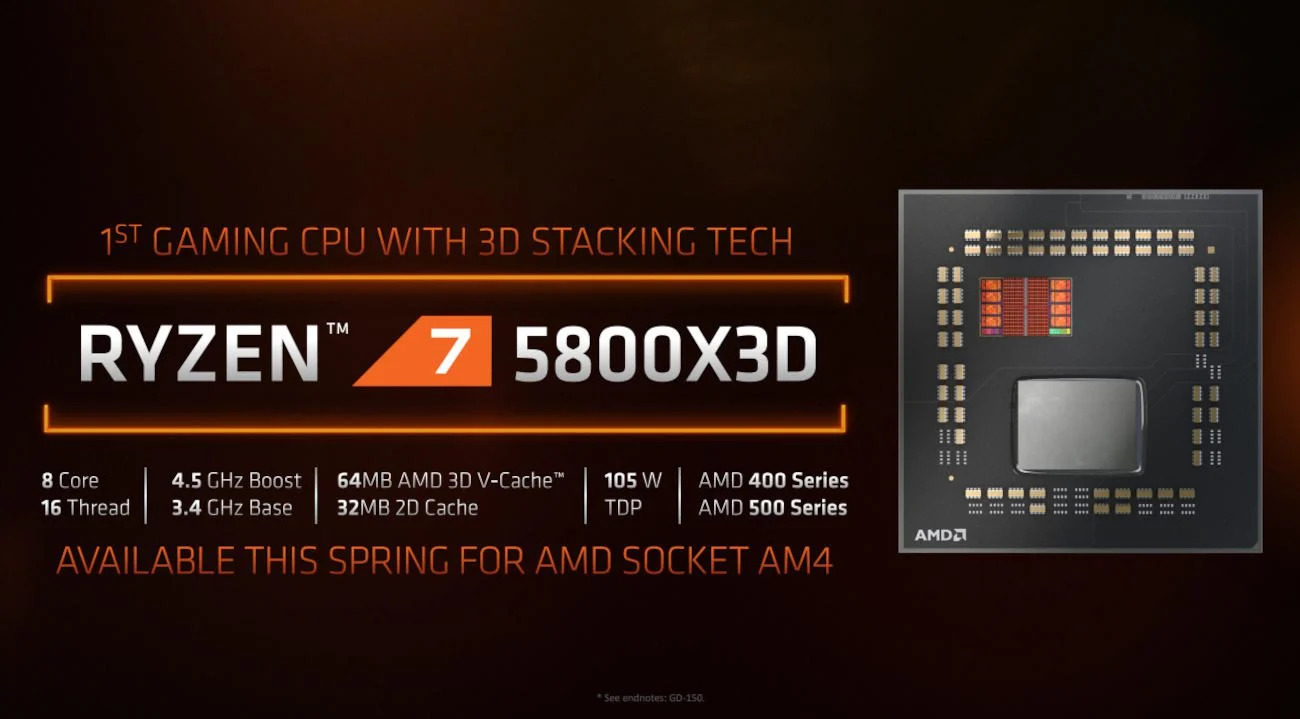 Slide oficial da AMD com o processador Ryzen 7 5800X3D, 8 núcleos e 16 threads, 64MB de cache 3D V-Cache, soquete AM4