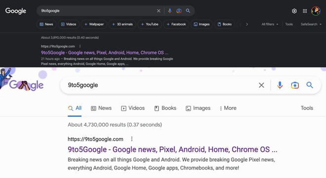 Duas capturas de tela da busca do Google pesquisando "9to5google", com o primeiro resultado apontando para 9to5google.com, site de notícias sobre Google e Andr…