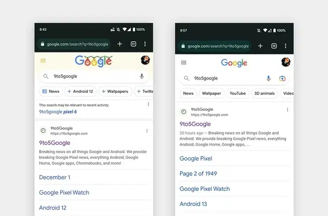 Duas capturas de tela do Google no celular comparando resultados de busca por 9to5google, com a versão mais recente à direita exibindo mais filtros e sugestões…