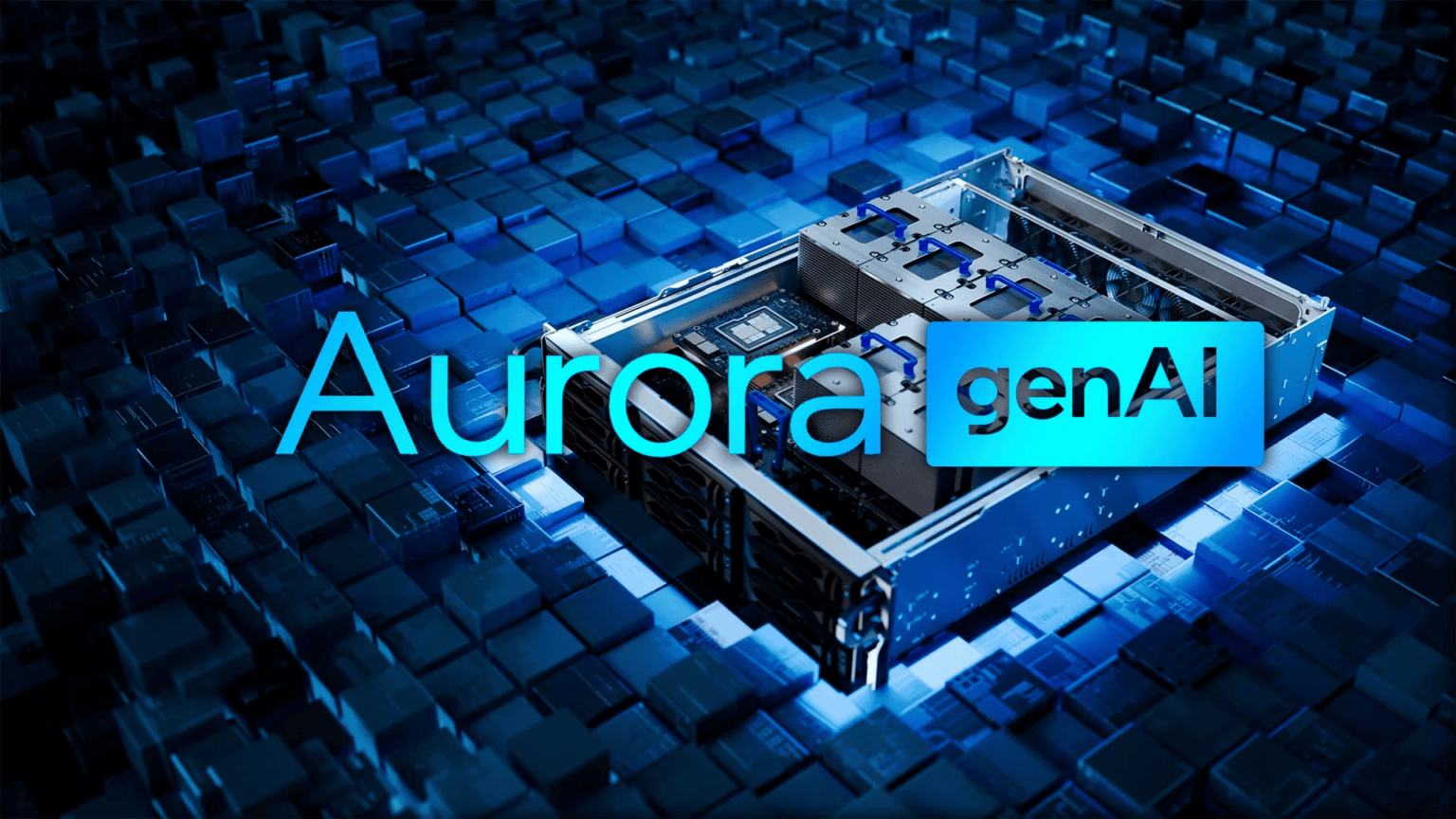 Ilustração do supercomputador Aurora genAI da Intel, com o texto "Aurora genAI" em destaque sobre um fundo de blocos azuis luminosos