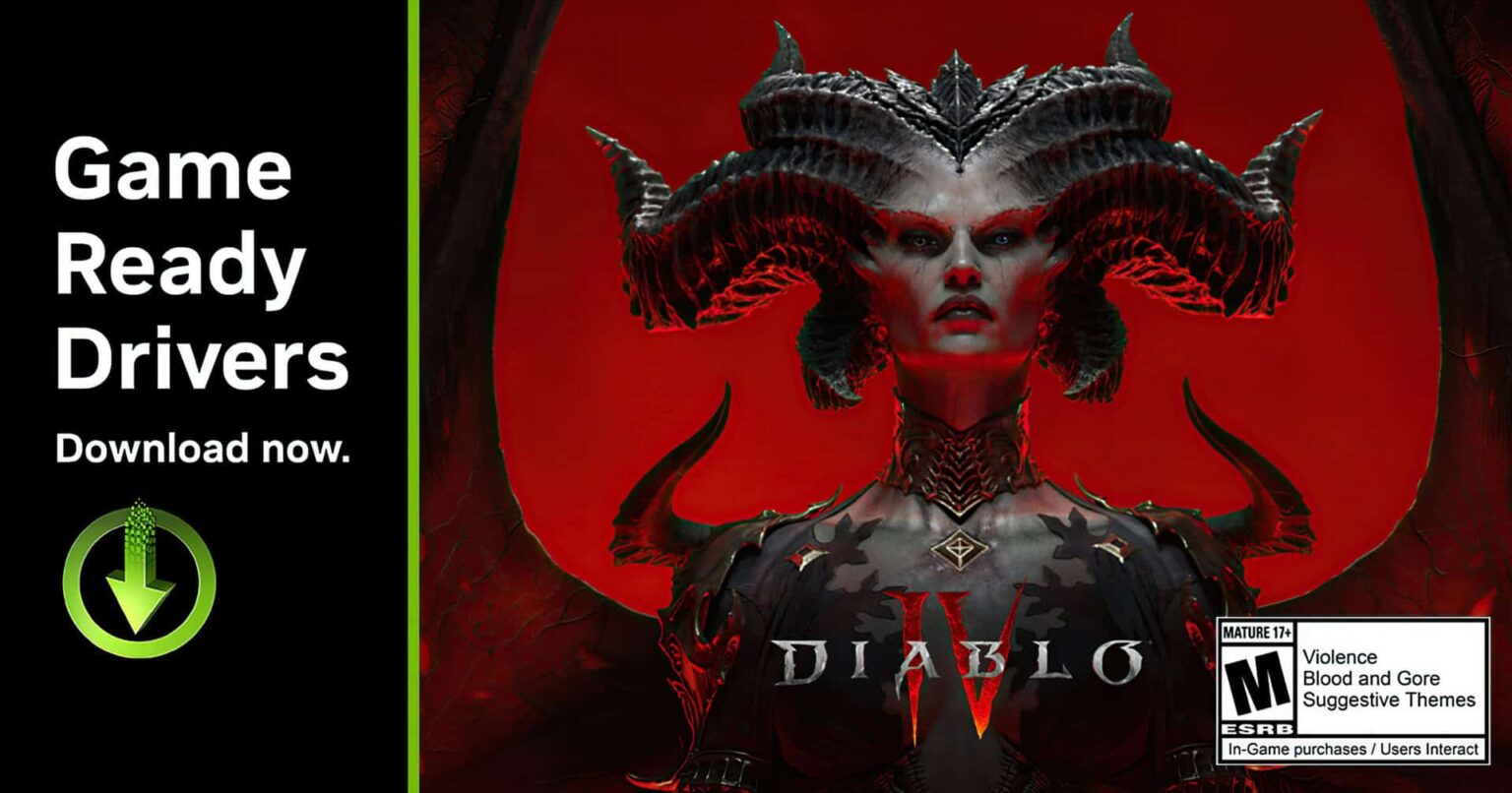 Banner de download dos drivers Game Ready da NVIDIA com arte de Diablo IV, mostrando a personagem Lilith com chifres ao fundo vermelho e o selo ESRB M 17+